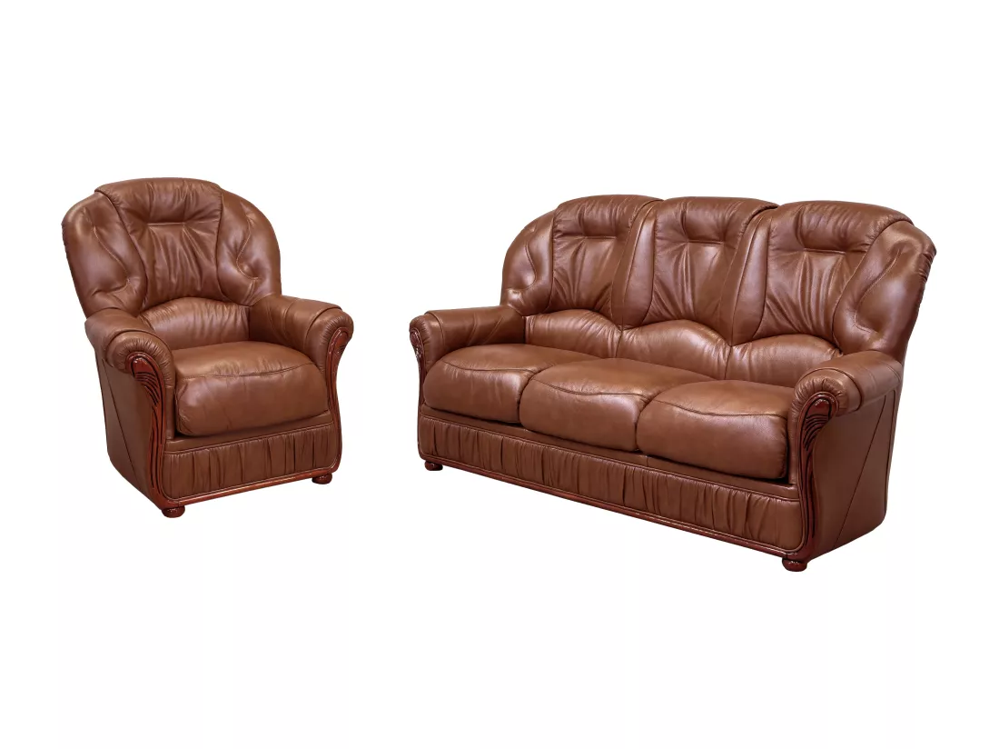 Canapé 3 places et un fauteuil 100% cuir de buffle marron DAPHNE