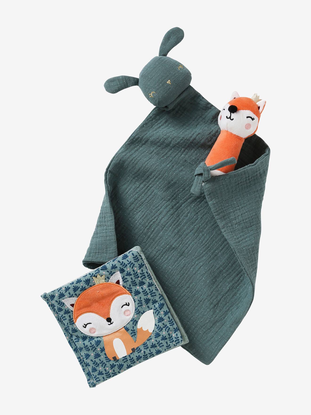 Conjunto para presente com 3 itens: pano para doudou + chocalho + livro ilustrado laranja