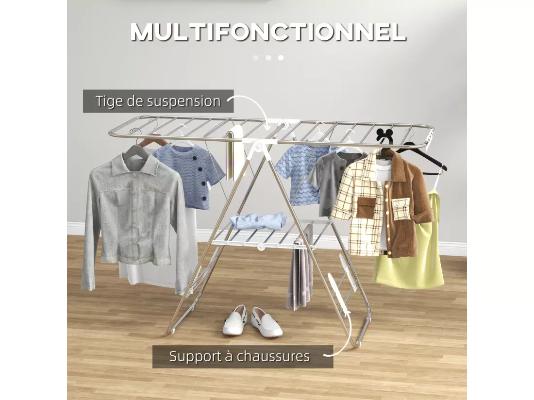 Séchoir à linge pliable sur pied - étendoir 2 niveaux ajustables - acier PP blanc