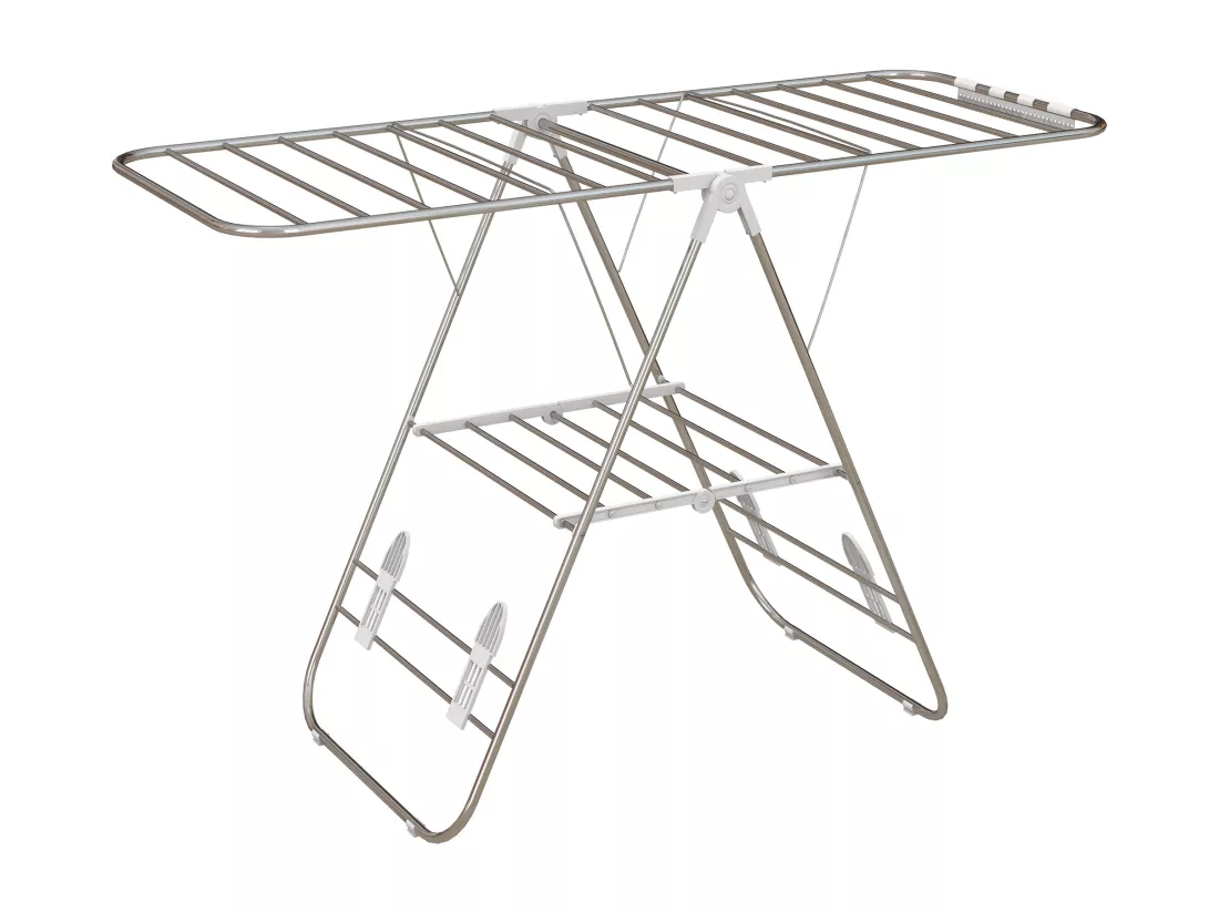 Séchoir à linge pliable sur pied - étendoir 2 niveaux ajustables - acier PP blanc