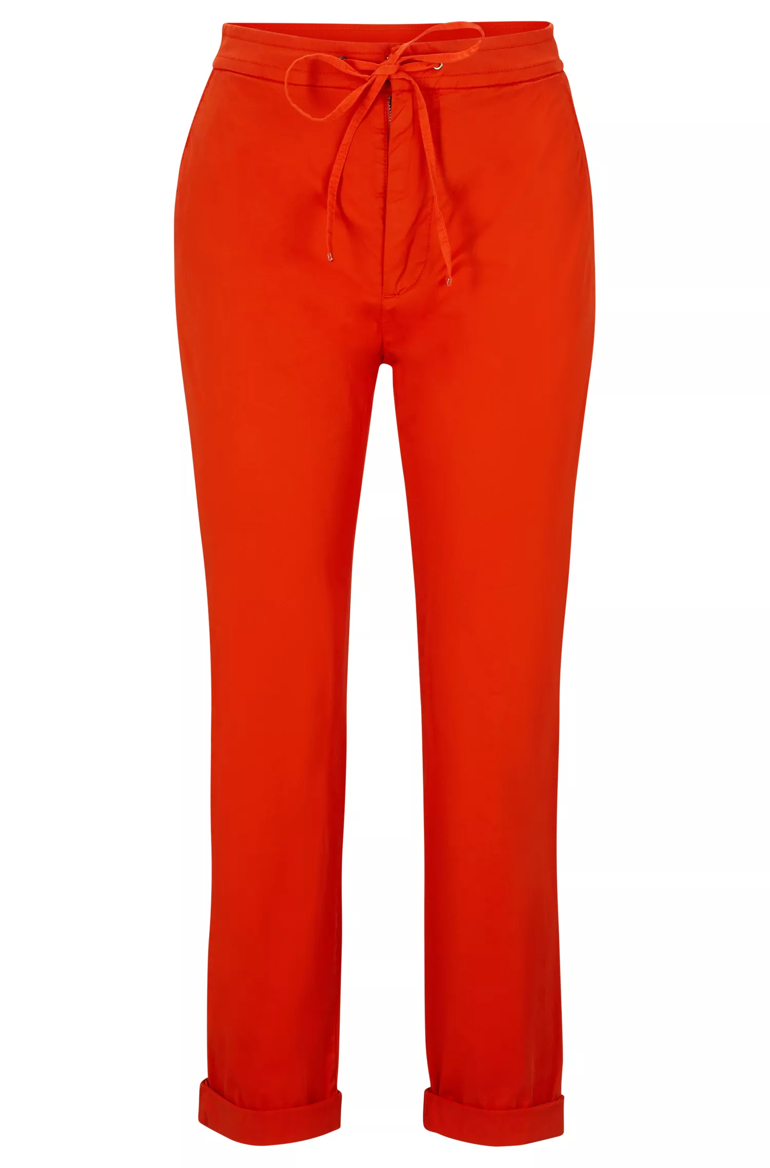 Calça BOSS preta, corte regular, em sarja de algodão elástico.