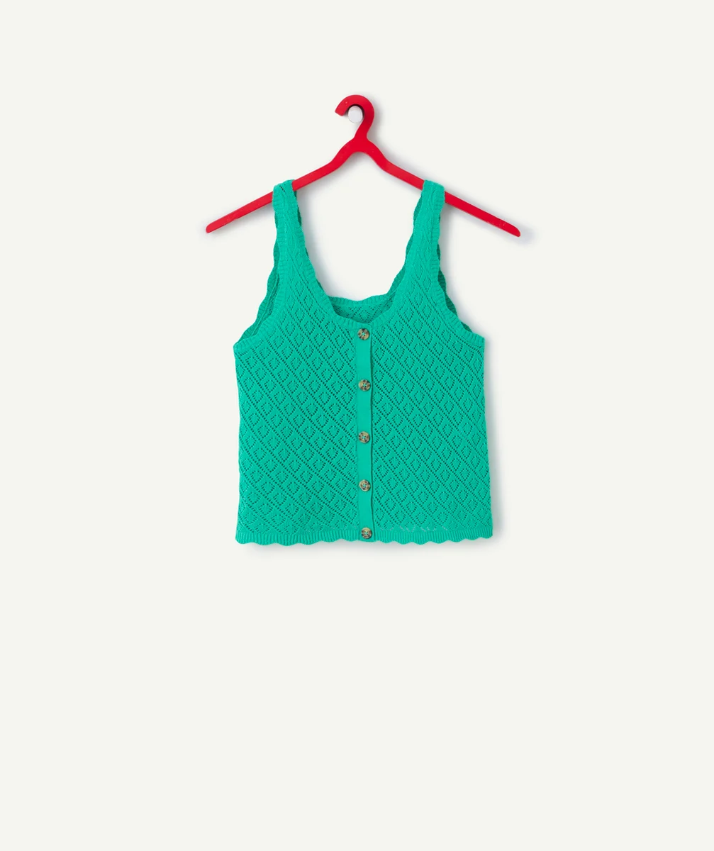 débardeur fille en coton bio et en crochet vert