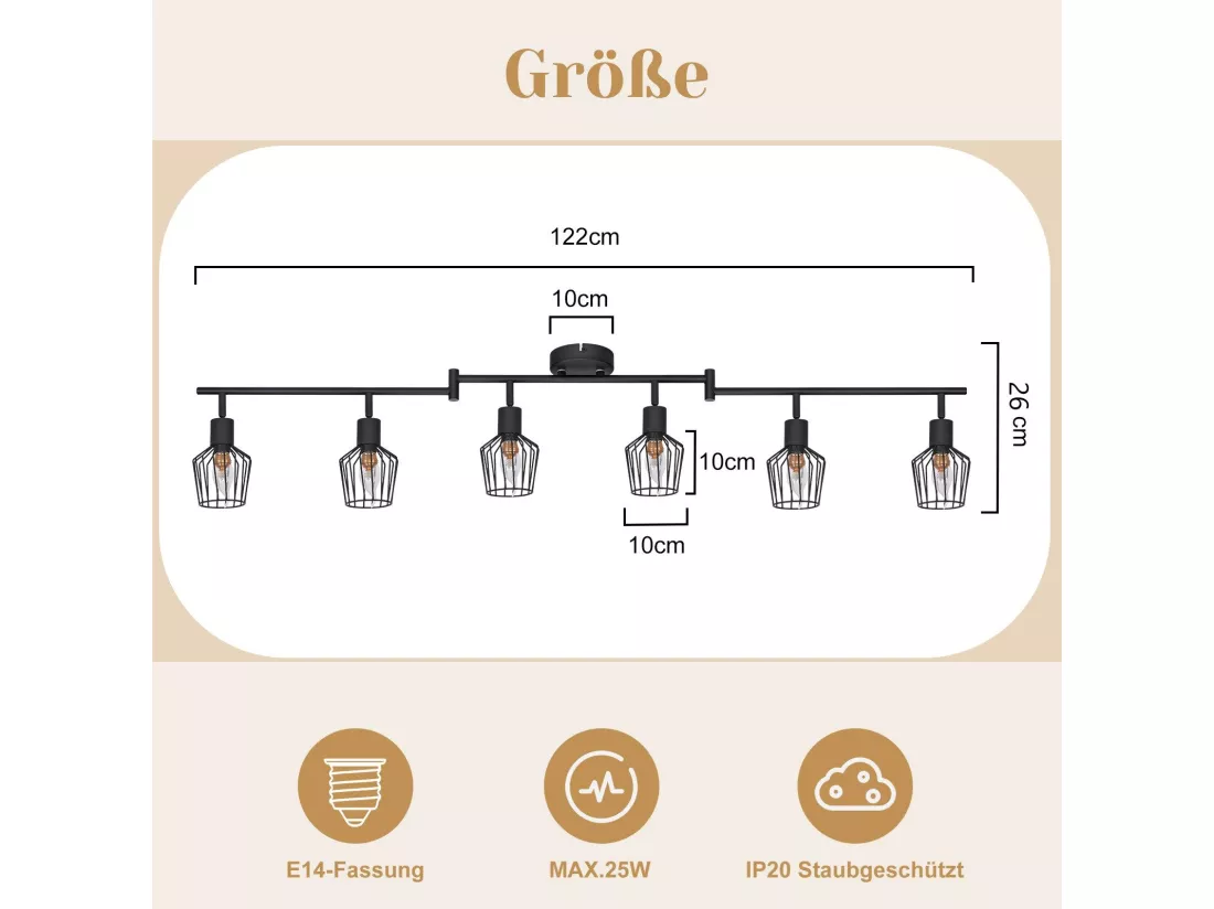 NETTLIFE Plafonnier E14 6 flammes spot de plafond noir spot industriel LED rotatif 350° dimmable
