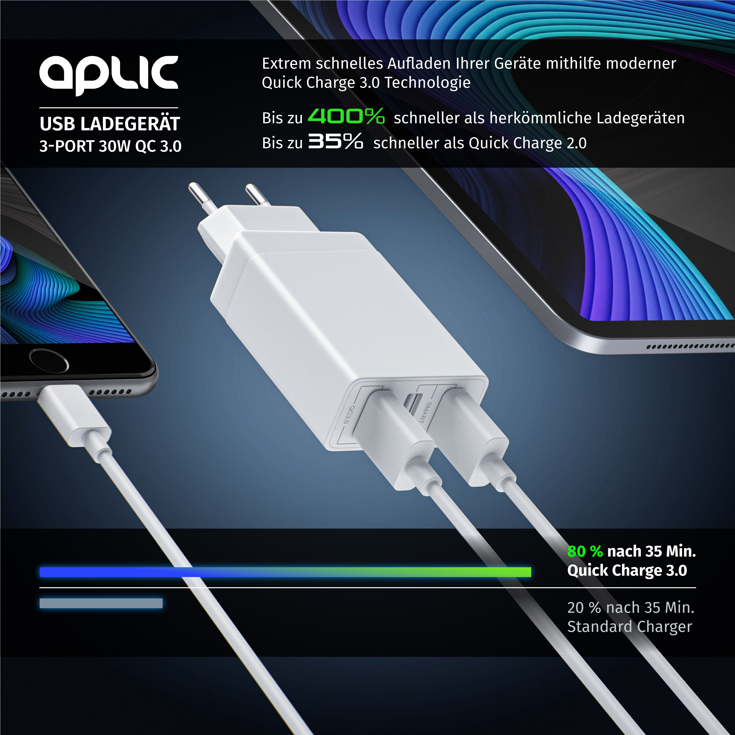 Aplic USB-Ladegerät 3000 mA, 3-Port Netzteil, Quick Charge 3.0, 2x USB Port + 1x QC 3.0 Port