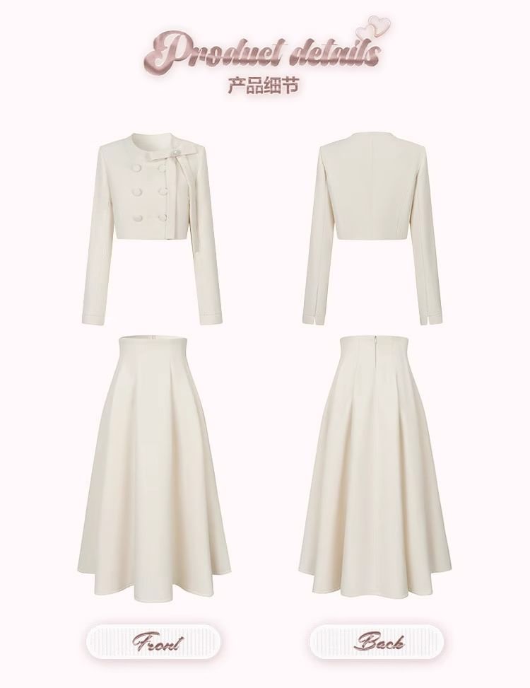 Yunhouse - Set: Ronde hals, effen strik, dubbelrijs jasje + hoge taille maxi A-lijn rok