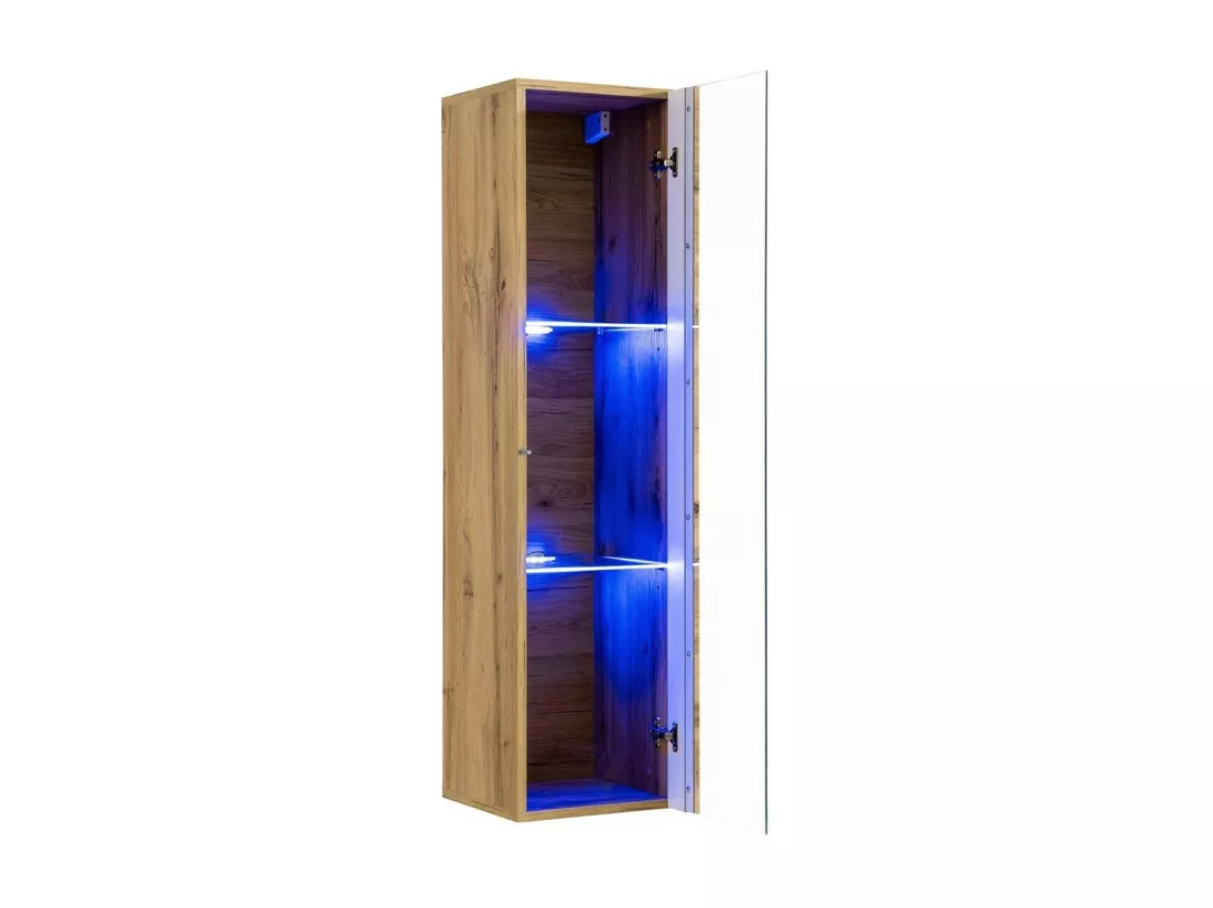 Vitrine suspendue coloris chêne petit modèle avec 1 porte vitrée et éclairage LED inclus. Collection SWITCH.