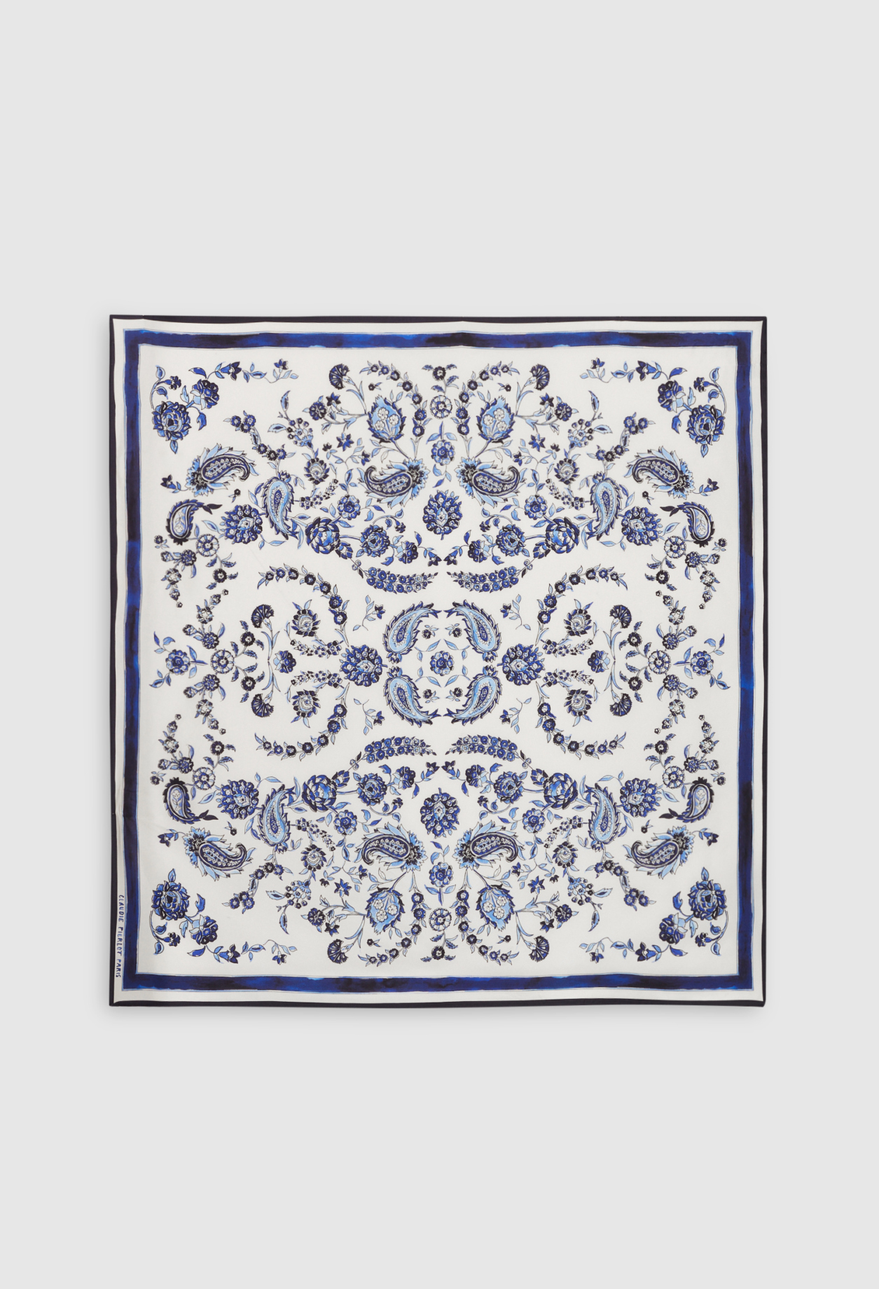 Foulard bleu nuit imprime floral soie