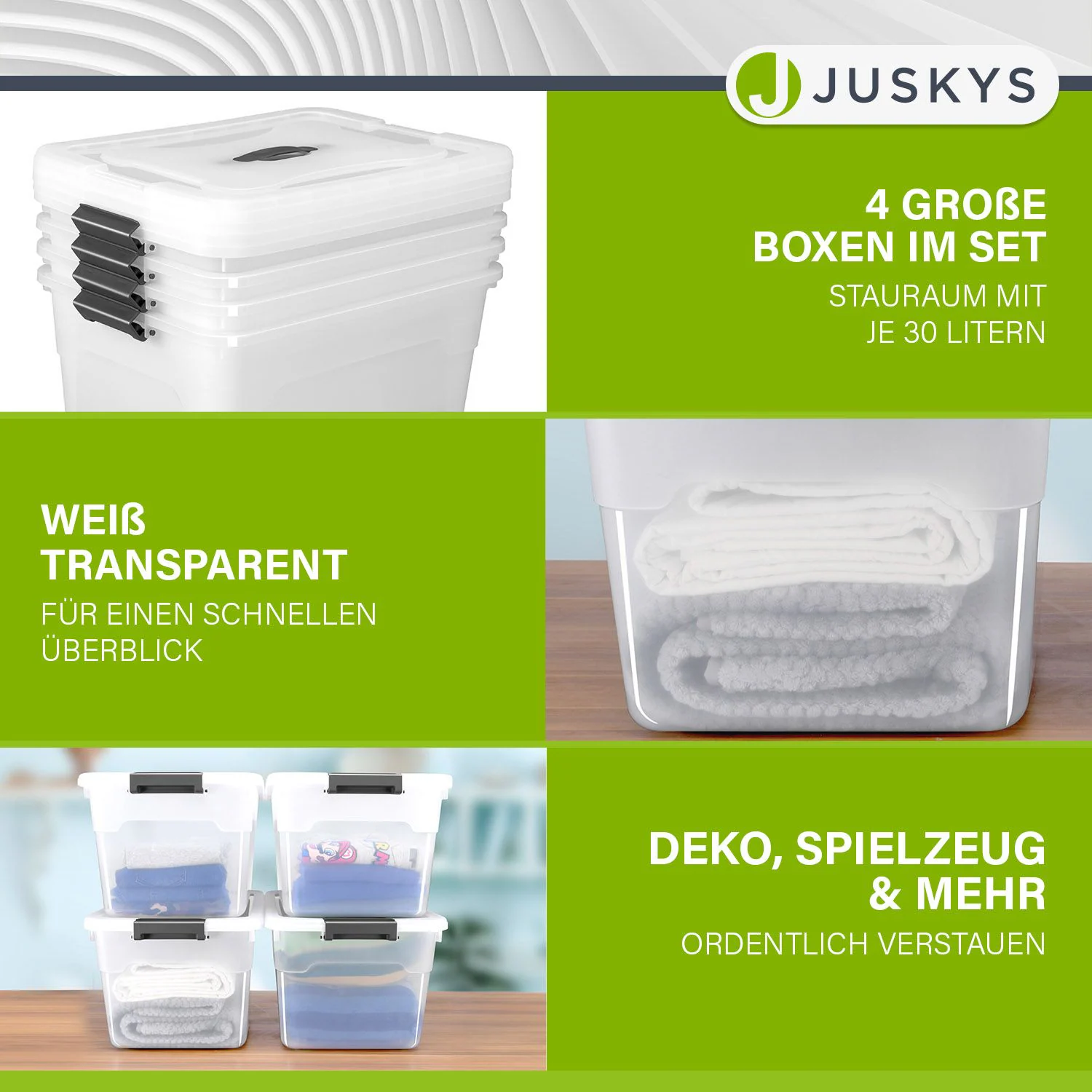 Juskys Aufbewahrungsbox mit Deckel - 4er Set Kunststoff Boxen 30l - Box stapelbar, transparent