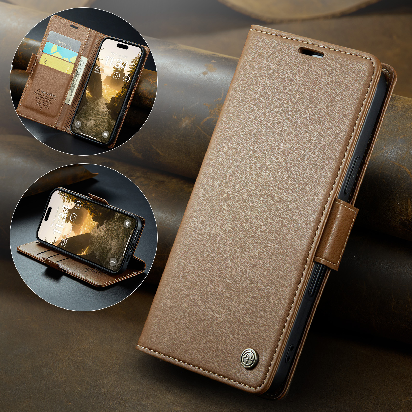 iPhone 17 Pro Max Leder Tasche Flip Wallet Etui mit Kartenfächern Litchi Look (RFID Schutz) - Braun