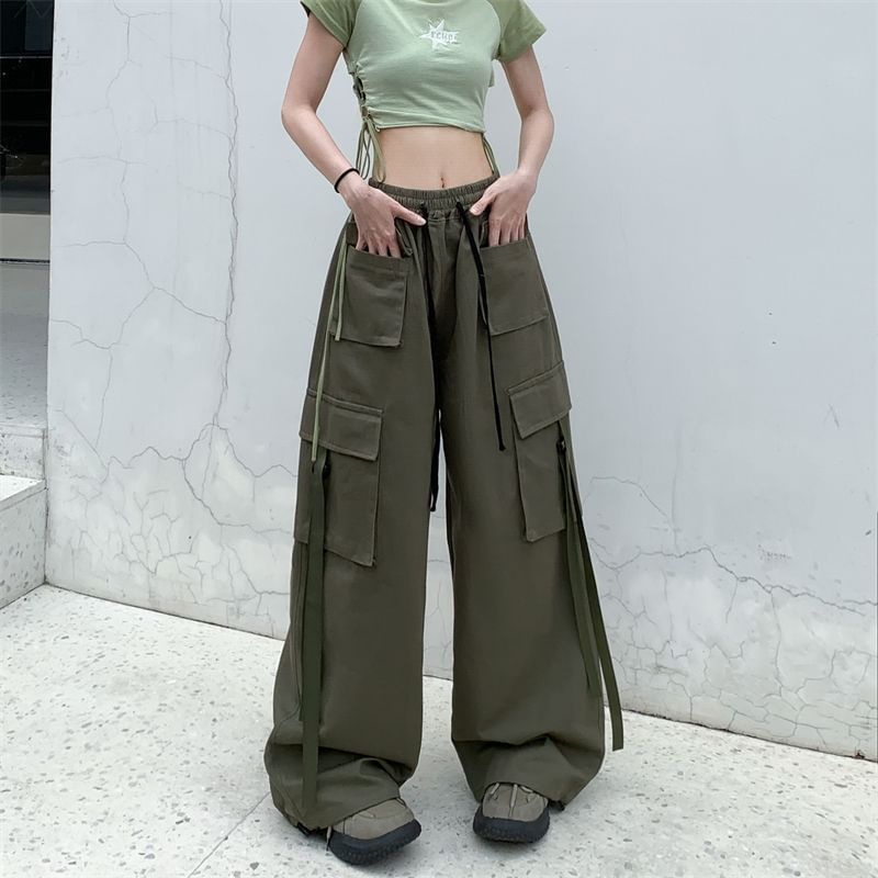 Vhancy - Low Rise Plain Wide Leg Cargo Pants