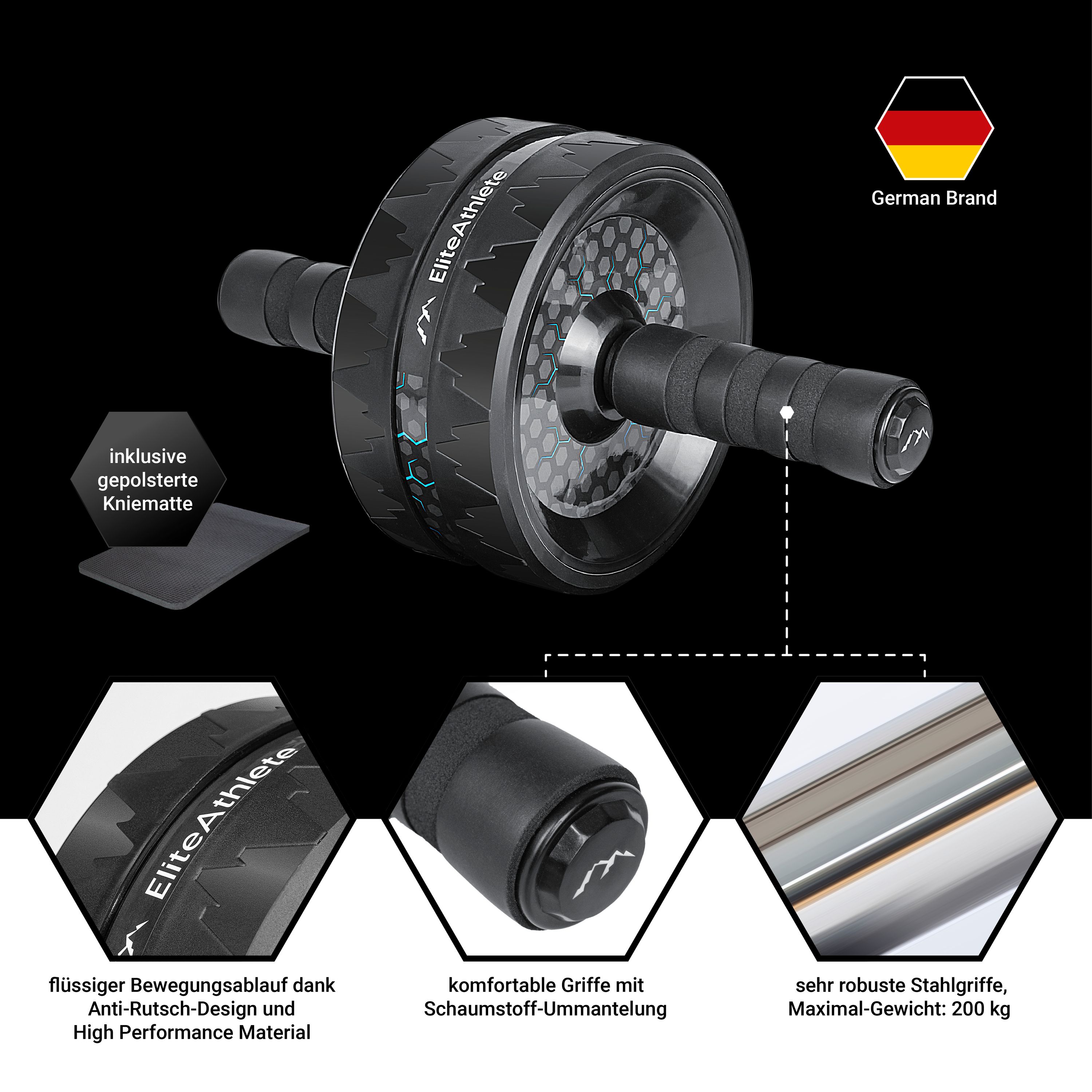 EliteAthlete® Bauchroller Bauchmuskeltrainer - AB Roller - Bauchtrainer für Zuhause - Bauch Weg - Abdominal Trainer - AB Wheel inkl. gepolsterter Kniematte - Blau