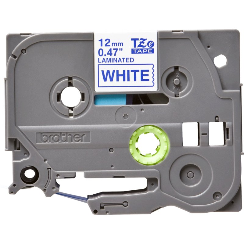 Ruban laminé Brother 12 mm TZE 233 blanc écriture bleue