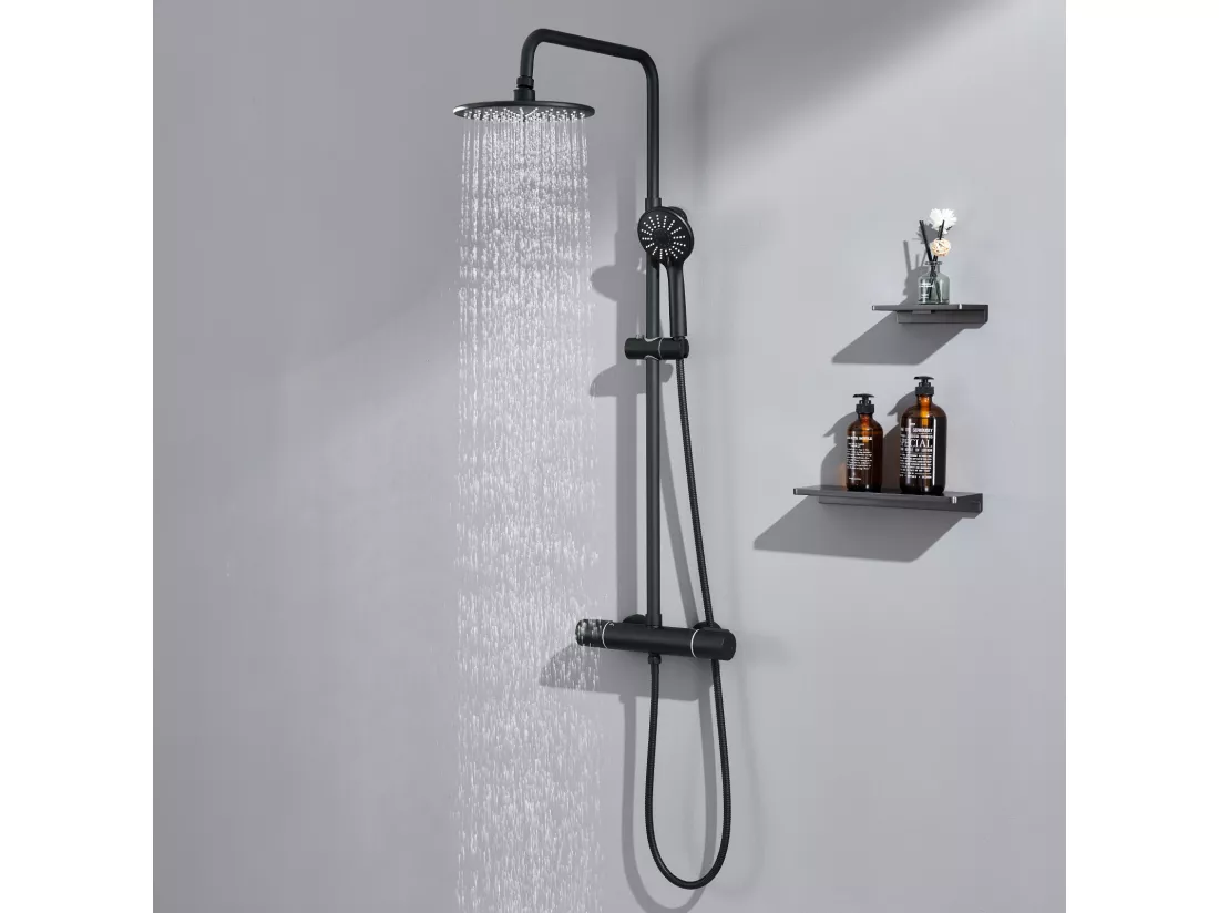 AURALUM MAX Colonne Douche Thermostatique Noir avec Mitigeur Thermostatique de 38°C,Colonne Douche Réglable Hauteur,Tête Douche/Pommeau à Main 3 Jets