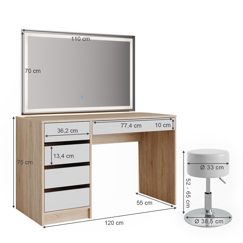 VICCO Schminktisch Sherry Sonoma Weiß Frisiertisch LED Spiegel Kommode Hocker