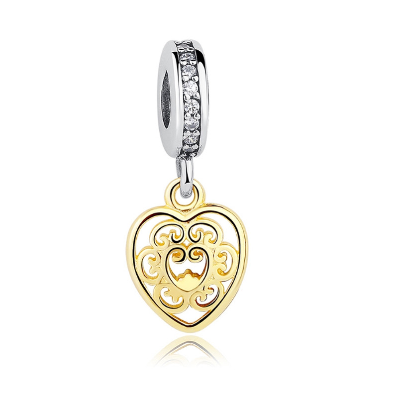Charms Bead Pendant Coeur en Argent 925 Plaqué or jaune