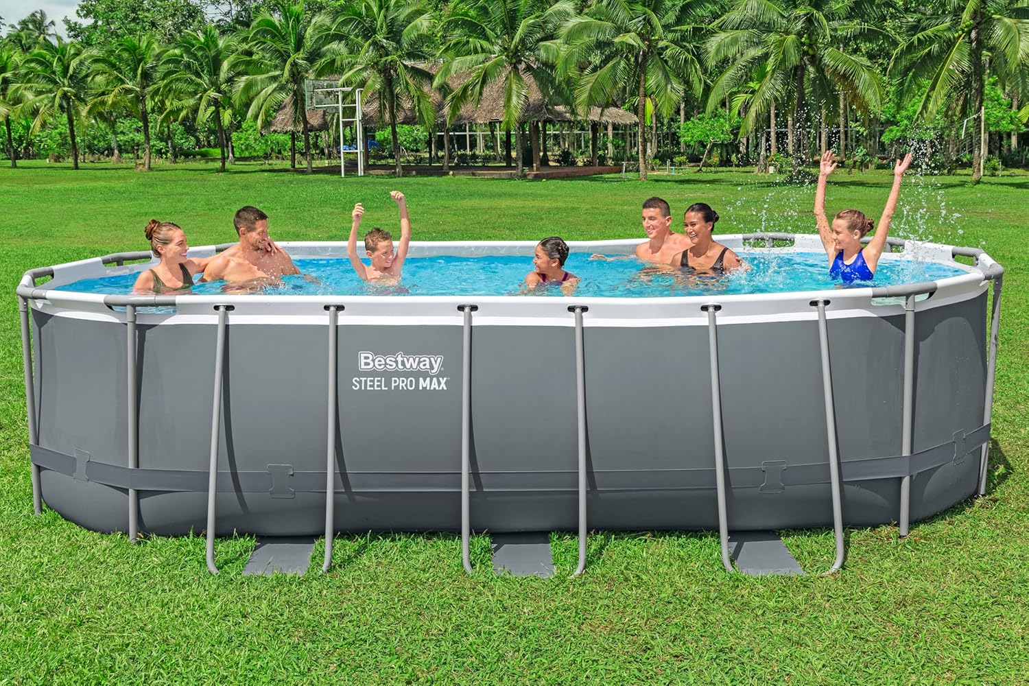 Bestway Steel Pro MAX Frame Pool Komplett-Set, 549 x 274 x 122 cm, 13.430 L, TriTech-Material, Filterpumpe, Sicherheitsleiter, Abdeckplane, Fliesenmosaik, einfacher Aufbau, langlebiger Stahlrahmen