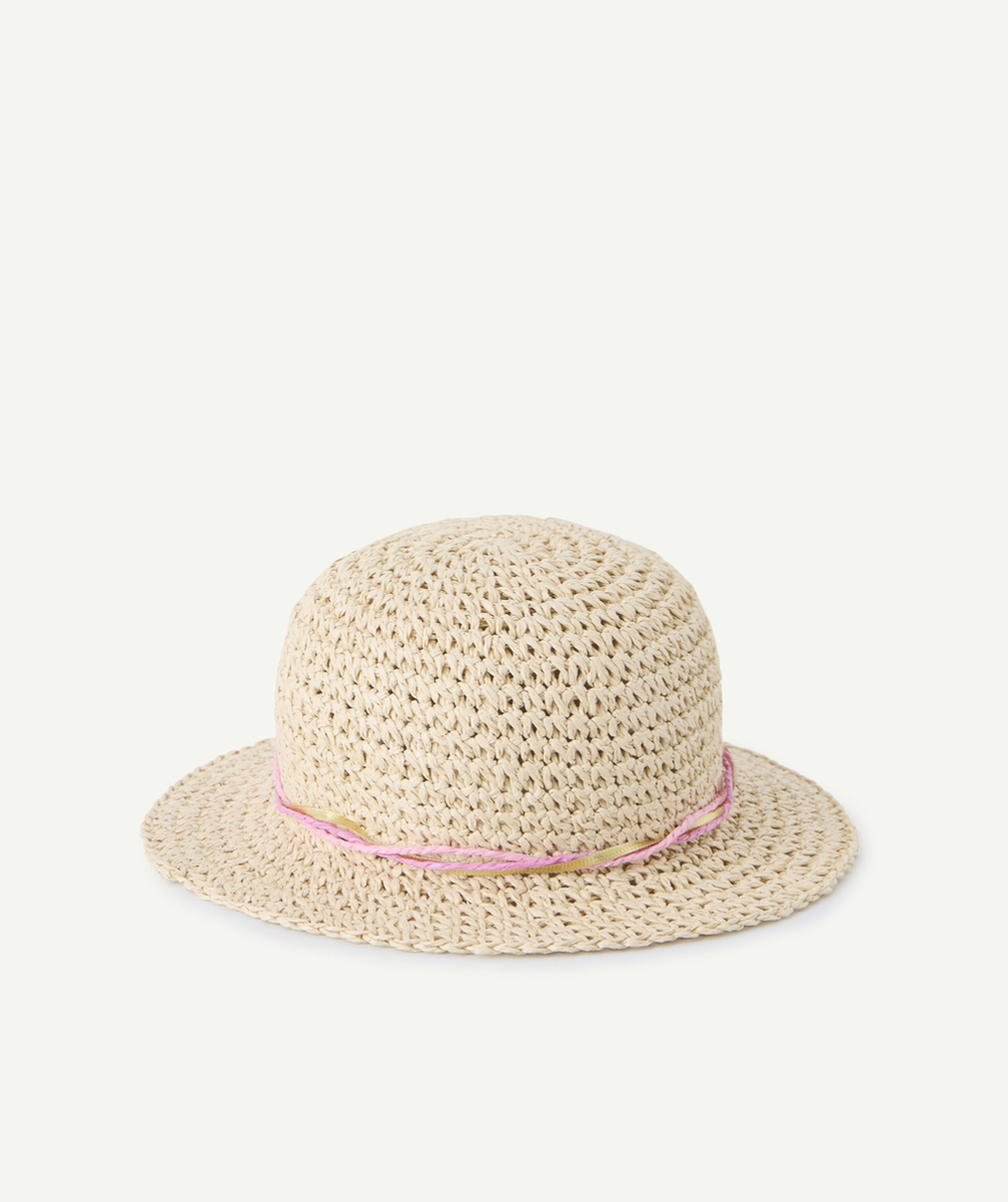 CHAPEAU DE PAILLE BÉBÉ FILLE AVEC CORDONS ROSES ET PATCH OISEAU BRODÉ
