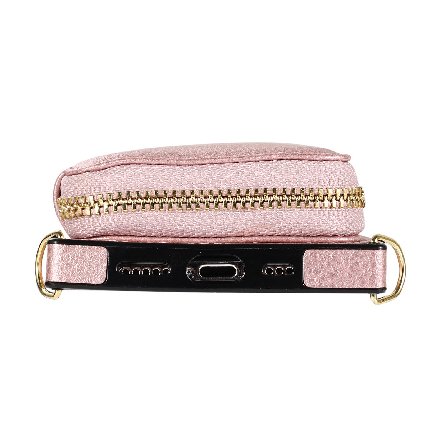iPhone 12 / iPhone 12 Pro Necklace Leder Schutz Hülle mit Kartenfächer   Handykette (140cm) - Roségold