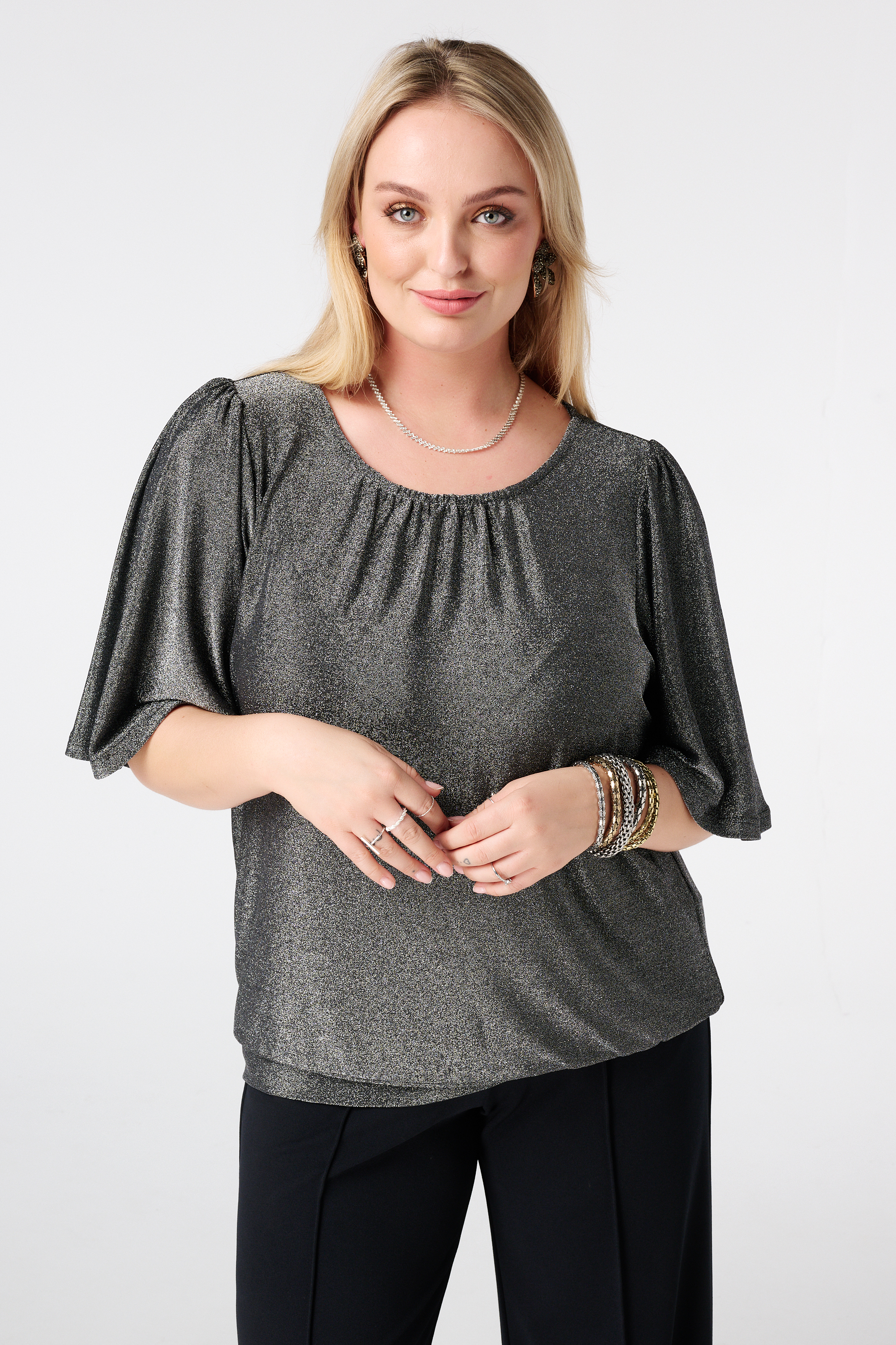 Top met flared mouwen en lurex silver