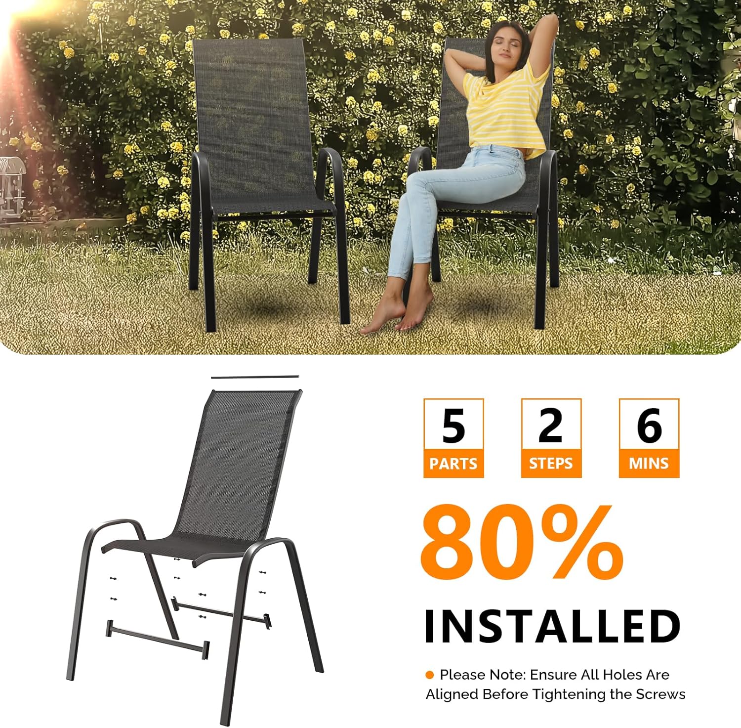 Bonnlo Stapelbare Gartenstühle 6er Set, Outdoor-Essstühle, Wetterfeste Stapelstühle mit Atmungsaktivem Textilene, Robustes Metallgestell, für Balkon, Terrasse & Garten, bis 180 kg, Schwarz