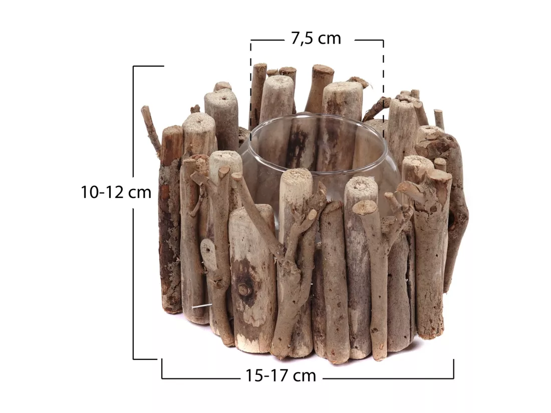 LANTERNE Hana 12x17x17 cm, bois flotté, avec insert en verre couleurs naturelles