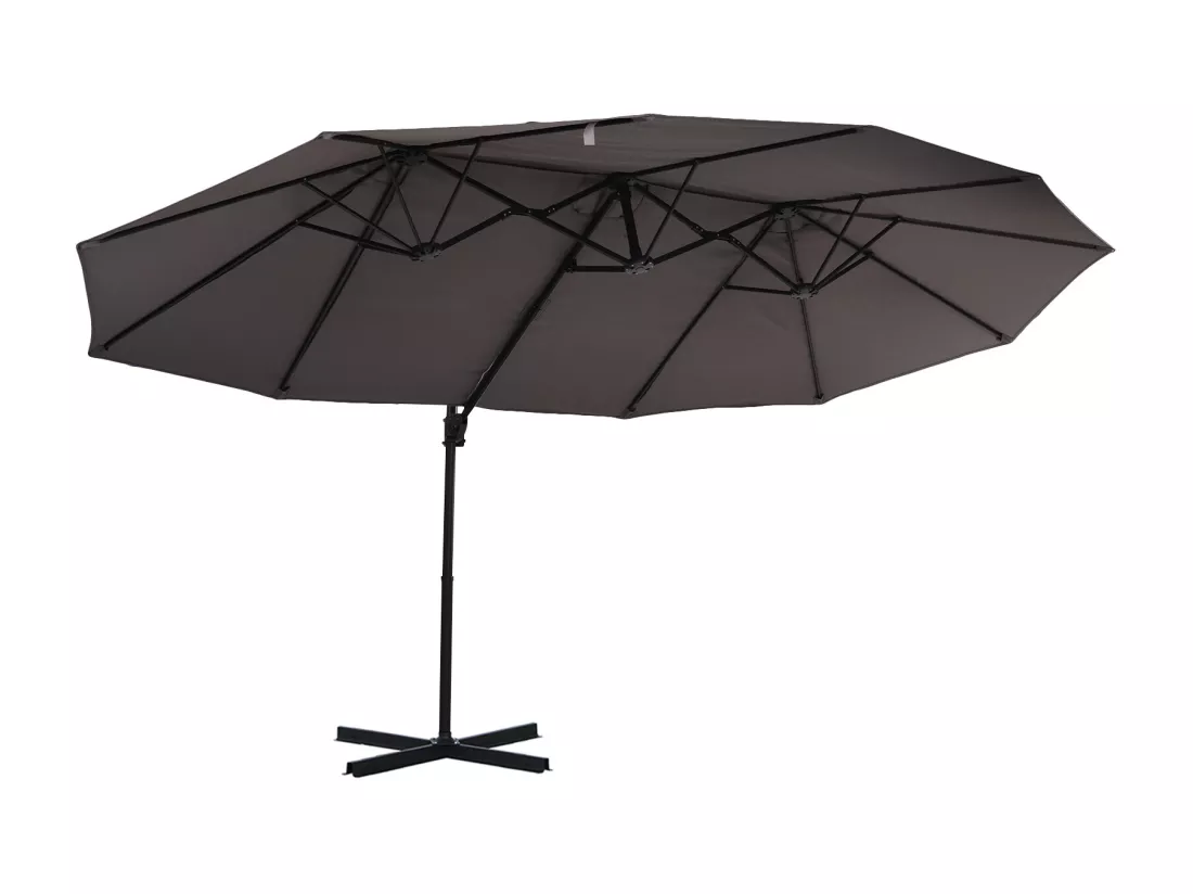 Parasol déporté grande taille XXL inclinable dim. 4,4L x 2,7l x 2,5H m piètement en acier inclus polyester gris