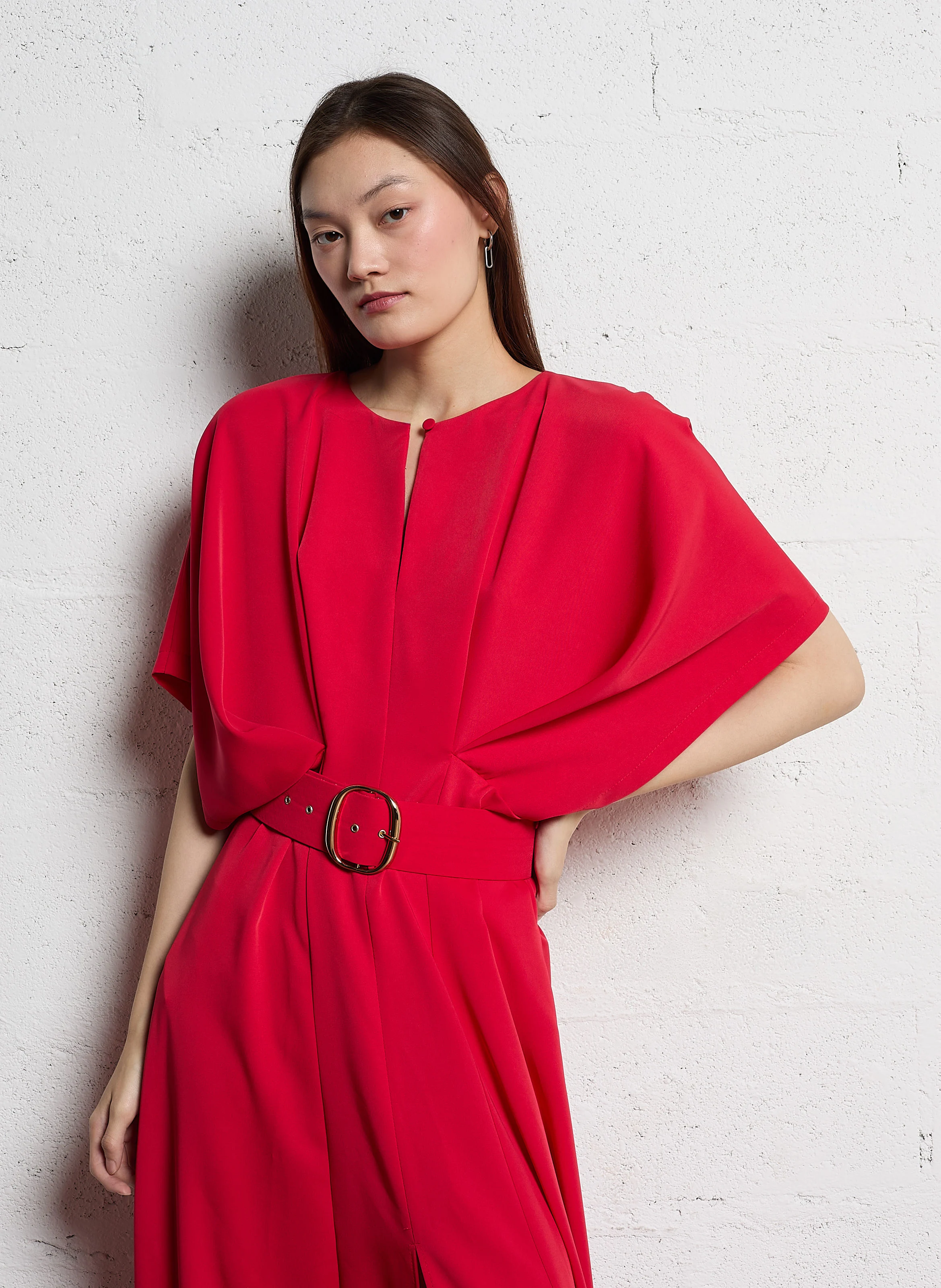 Robe longue col rond ceinturée | Rouge