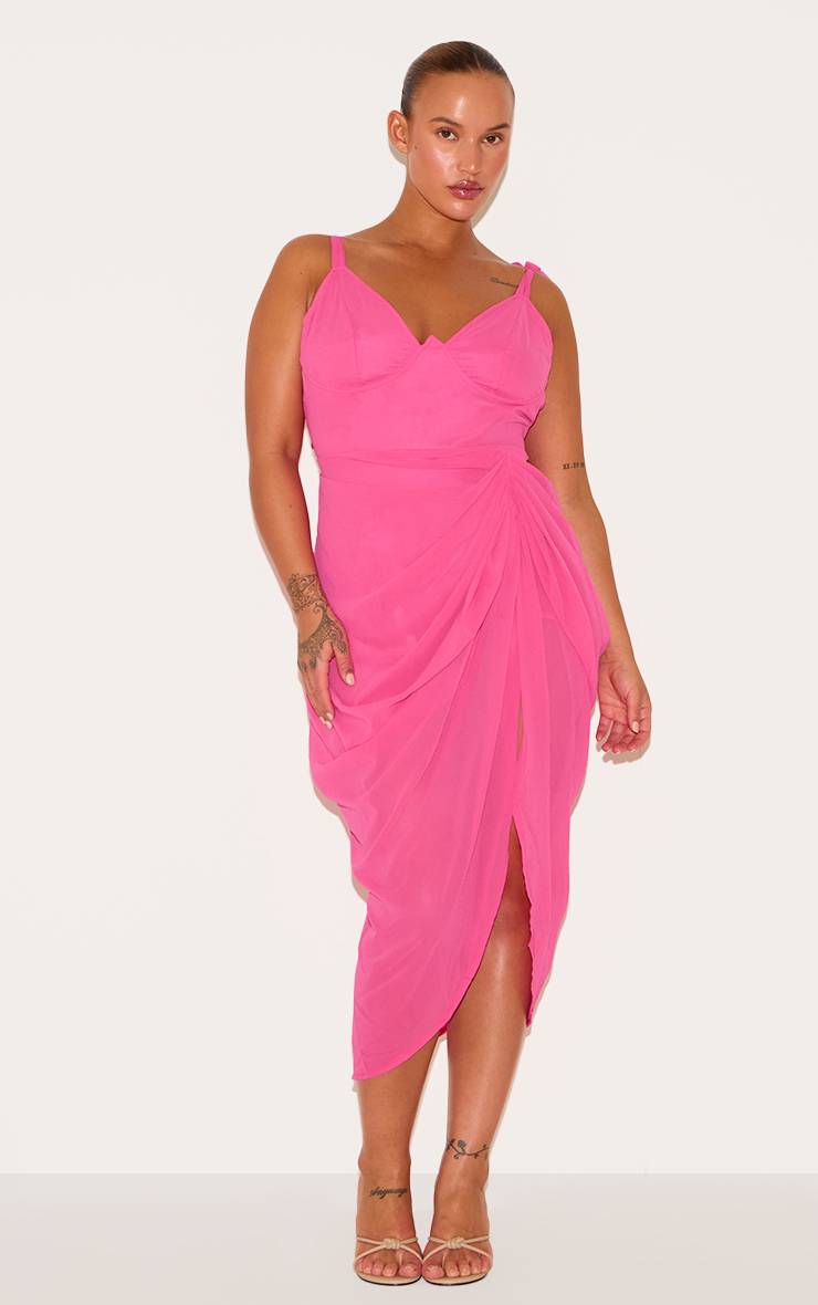 Rose Vif Robe Midi Drapée Grande Taille Avec Détail À Armatures