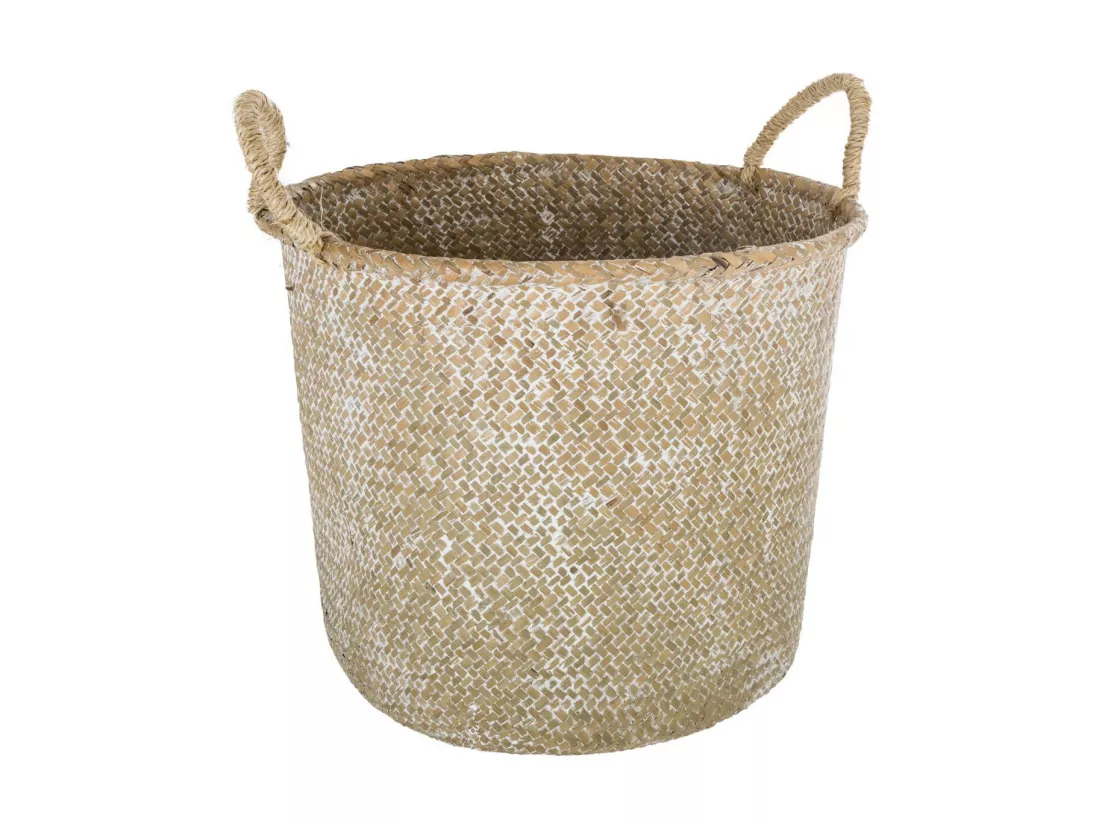 Panier de rangement en roseau blanchi avec anses