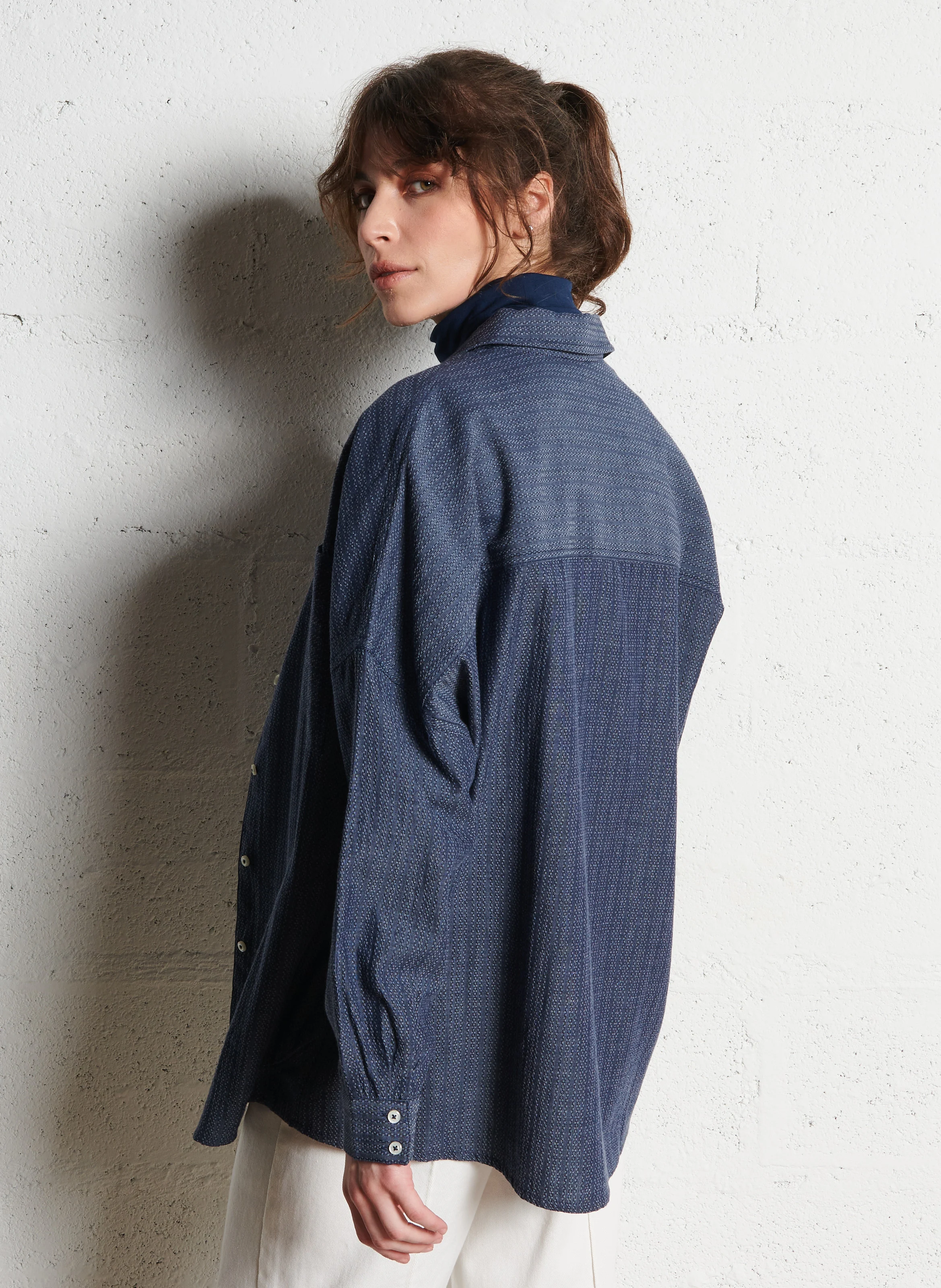 MORGANE - Chemise ample jacquard en coton| Bleu
