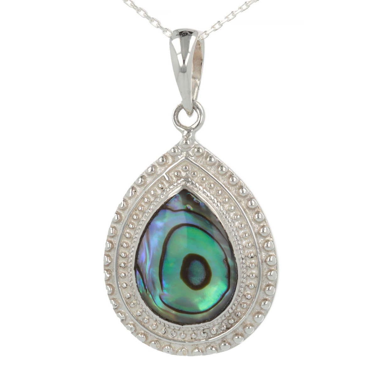 Idée cadeau bijoux cabochon-Pendentif - nacre abalone naturelle- Argent massif-forme poire- Sertissage grains argent massif-femme