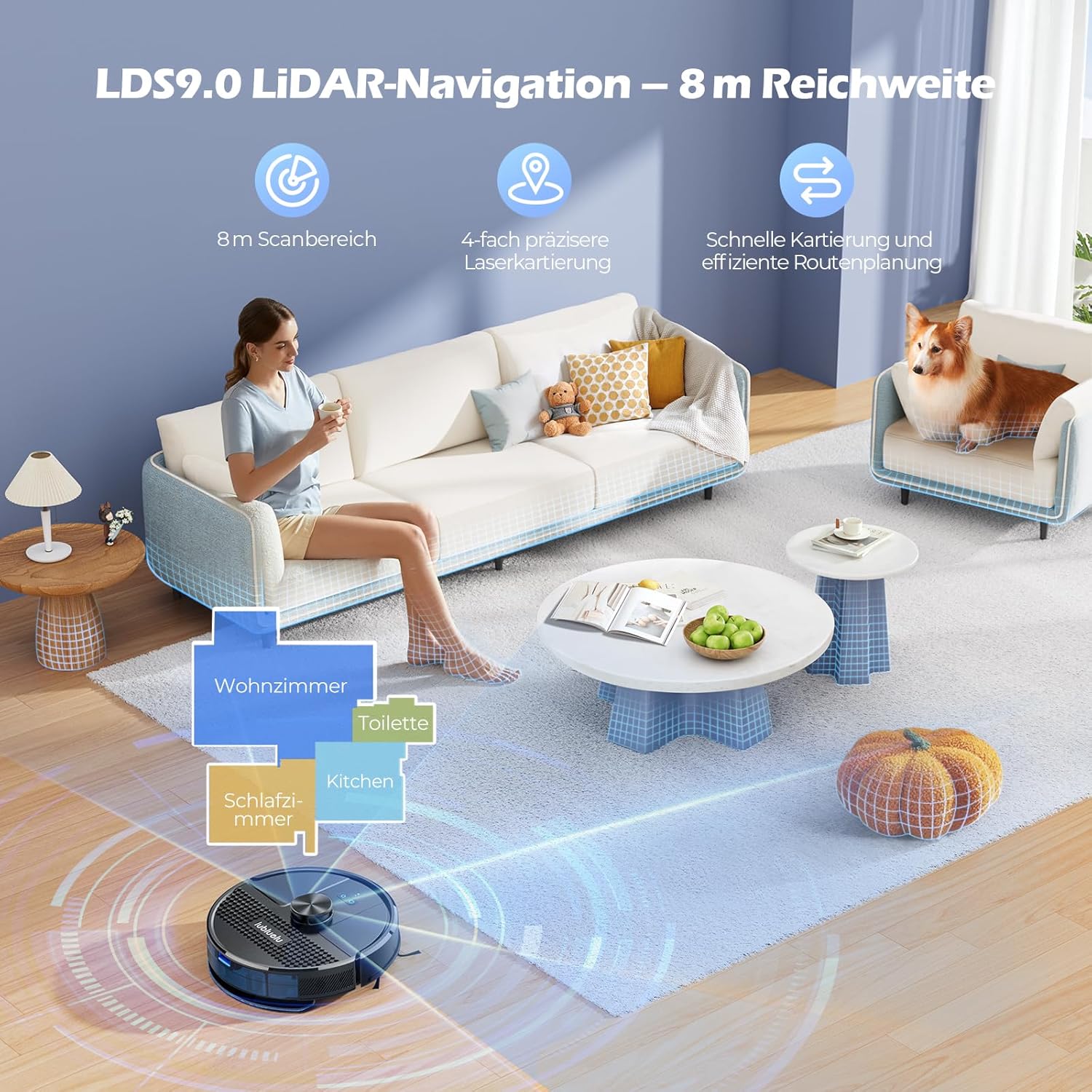 Lubluelu Saugroboter mit Absaugstation 3-in-1, 4500Pa Staubsauger Roboter mit Wischfunktion, Roboterstaubsauger mit Lasernavigation, App Steuerung, 24 No-Go Zonen für Tierhaare, Teppich (SL68 Plus)