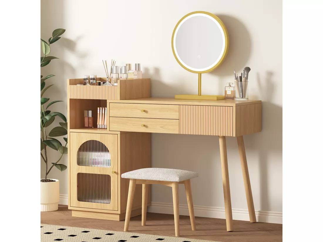 Coiffeuse avec miroir à LEDs avec 3 tiroirs et armoire latérale - Panneaux de particules - Coloris naturel