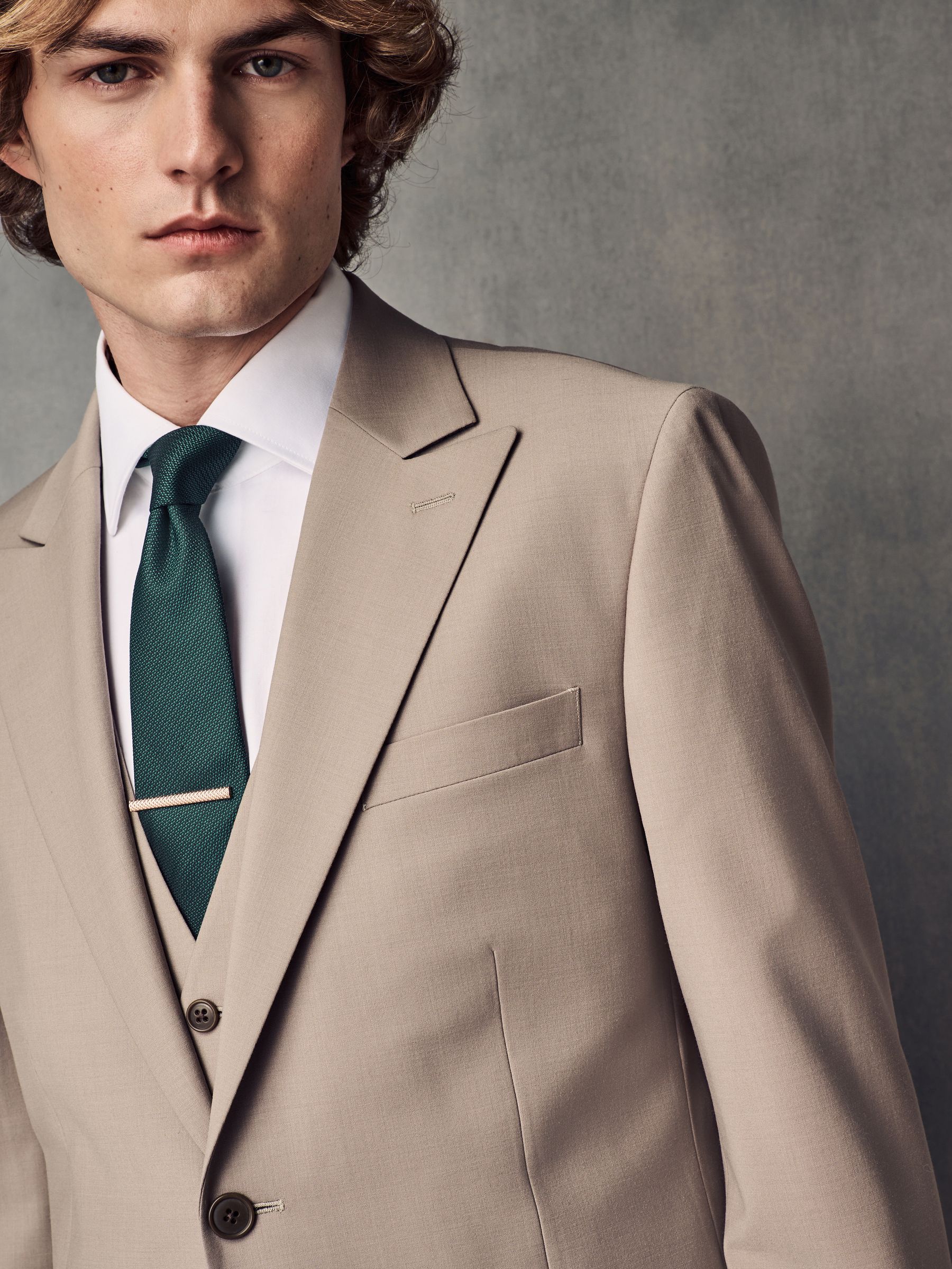 Pastelgeel - Slim fit Jack van wol Blend Motionflex Pak