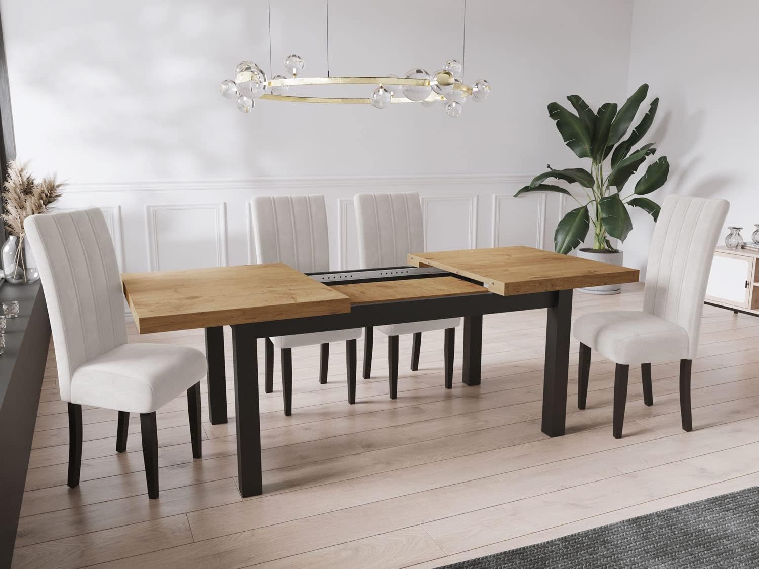 WFL GROUP Moderner Rechteckiger Ausziehbarer Esstisch - Platzsparend - Schwarze Holzbeine - 200 bis 300 cm - Hergestellt in EU - 200 x 100 cm - Lancelot Eiche
