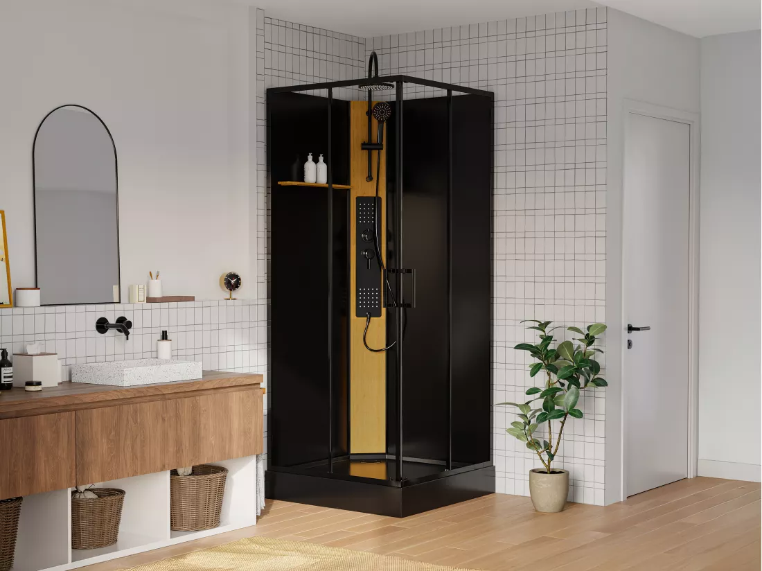 Cabine de douche hydromassante carrée avec panneau en bambou - Noir - L90 x l90 x H225 cm - DESULO