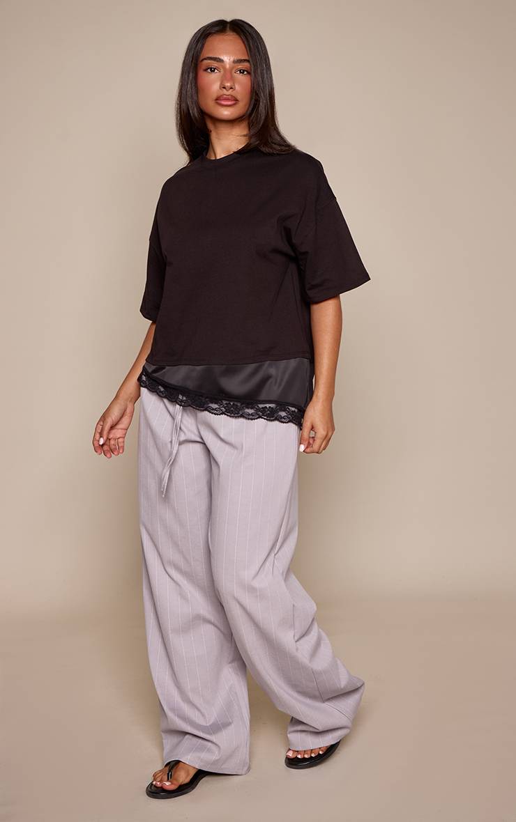 Gris Pantalon Large Taille Coulissée À Fines Rayures Coupe Petite