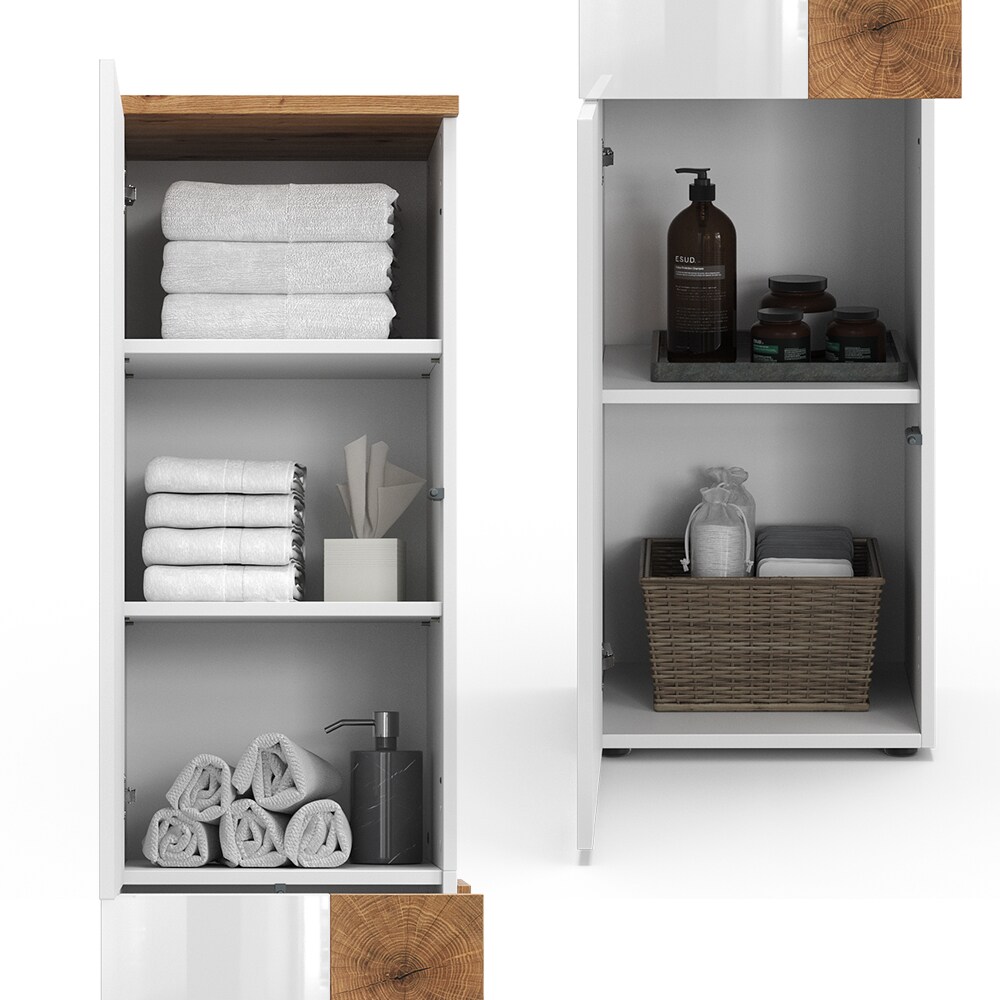 Vicco Hochschrank Badschrank Badezimmermöbel Eden Weiß Artisan modern 40x184 cm Badkommode Badezimmer Schrank Badmöbel 2 Türen Schublade 5 Fächer Hochglanz