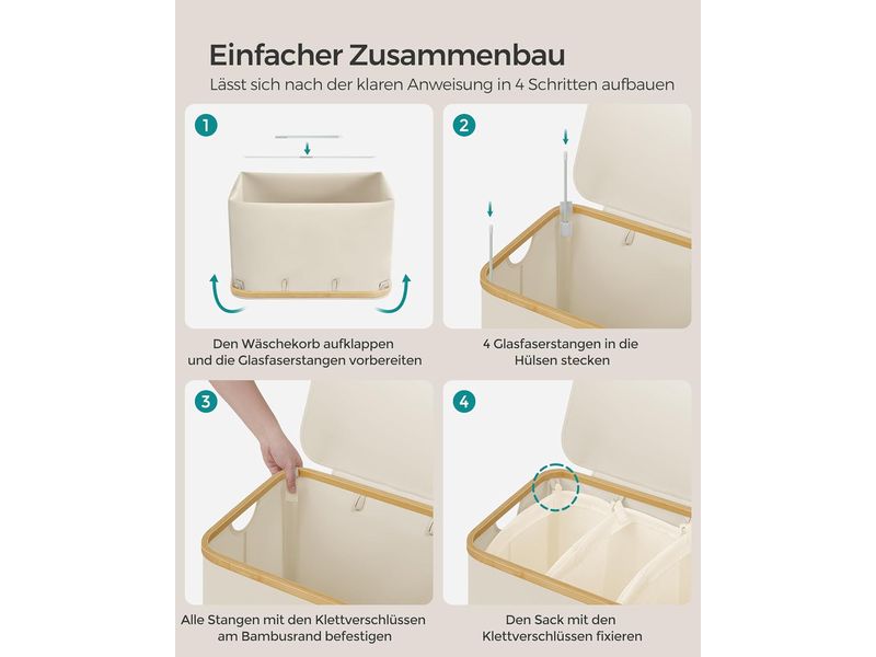 Songmics Wäschekorb  130 l, Beige Wäschesammler mit drei Fächern