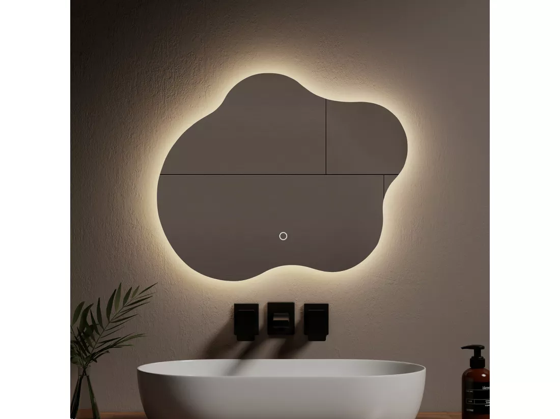 EMKE Miroir lumineux salle de bain sans cadre 60x50cm , Miroir LED avec Interrupteur Tactile, Anti-buée, Miroir avec 3 couleurs de Lumières