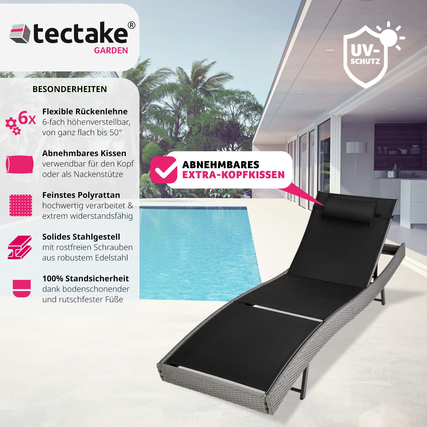 tectake® Rattan Sonnenliege, widerstandsfähig und UV-beständig, 5-fach verstellbare Rückenlehne, 211 x 69 x 28-94 cm