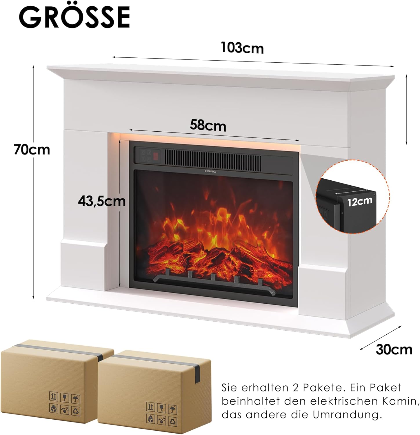 GRAVFORCE Elektrokamin 23 inch Elektrischer Kamin mit LED 3D Realistischer Flammeneffekt Erwärmungsfreistehender mit Timer und 12-Farb-LED-Lichtband und Fernbedienung Standkamin weiß