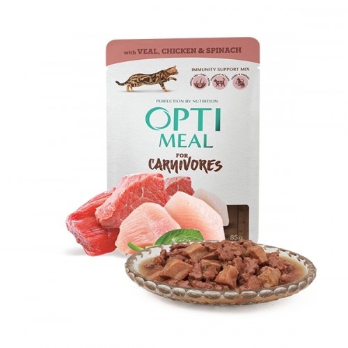 Ração úmida Optimeal sem grãos para gatos, sabor carne, frango e espinafre ao molho.