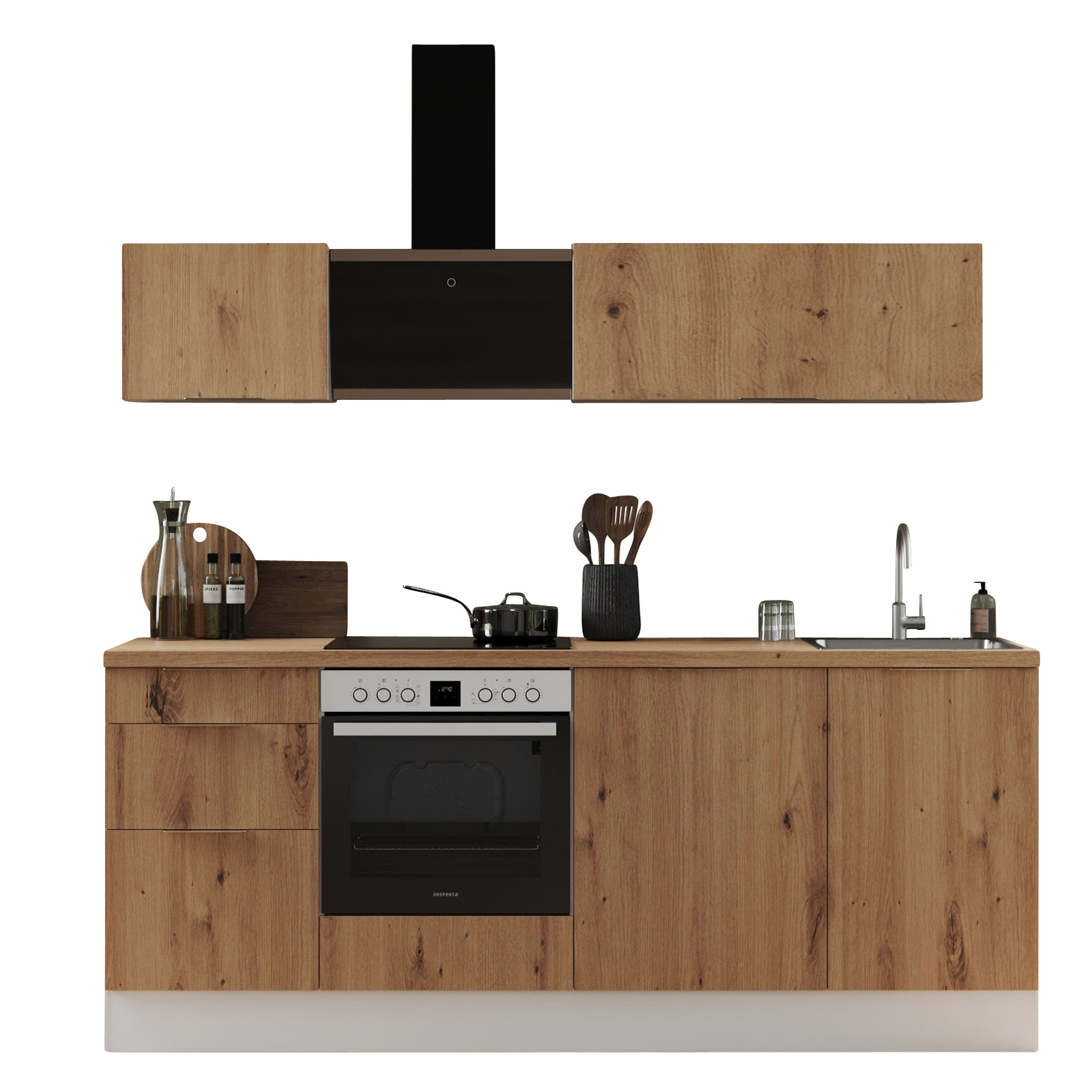 RESPEKTA Küchenblock - Artisan Eiche - weiß matt - mit E-Geräten - 220 cm