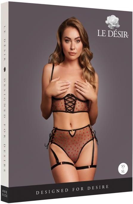 Two Piece Set with Underwired Open-Cup Bra and Panty with Laced Up Details - One Size - Black