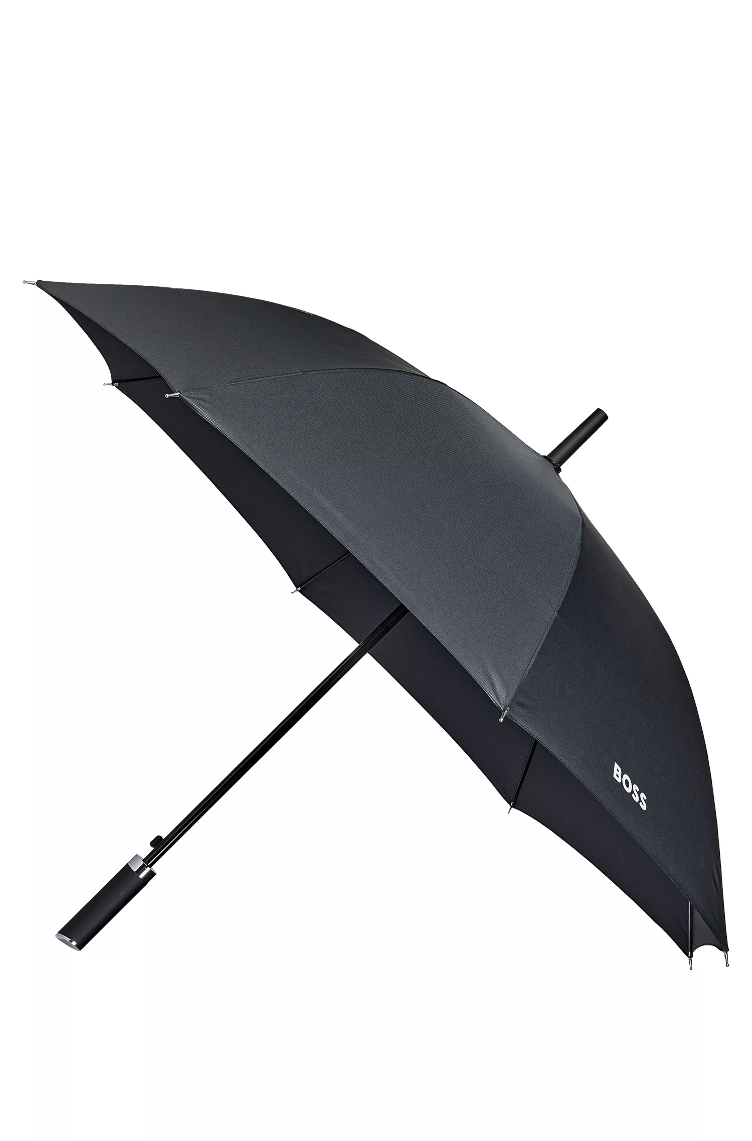 Guarda-chuva BOSS com padrão quadriculado preto e cabo com logotipo em relevo.