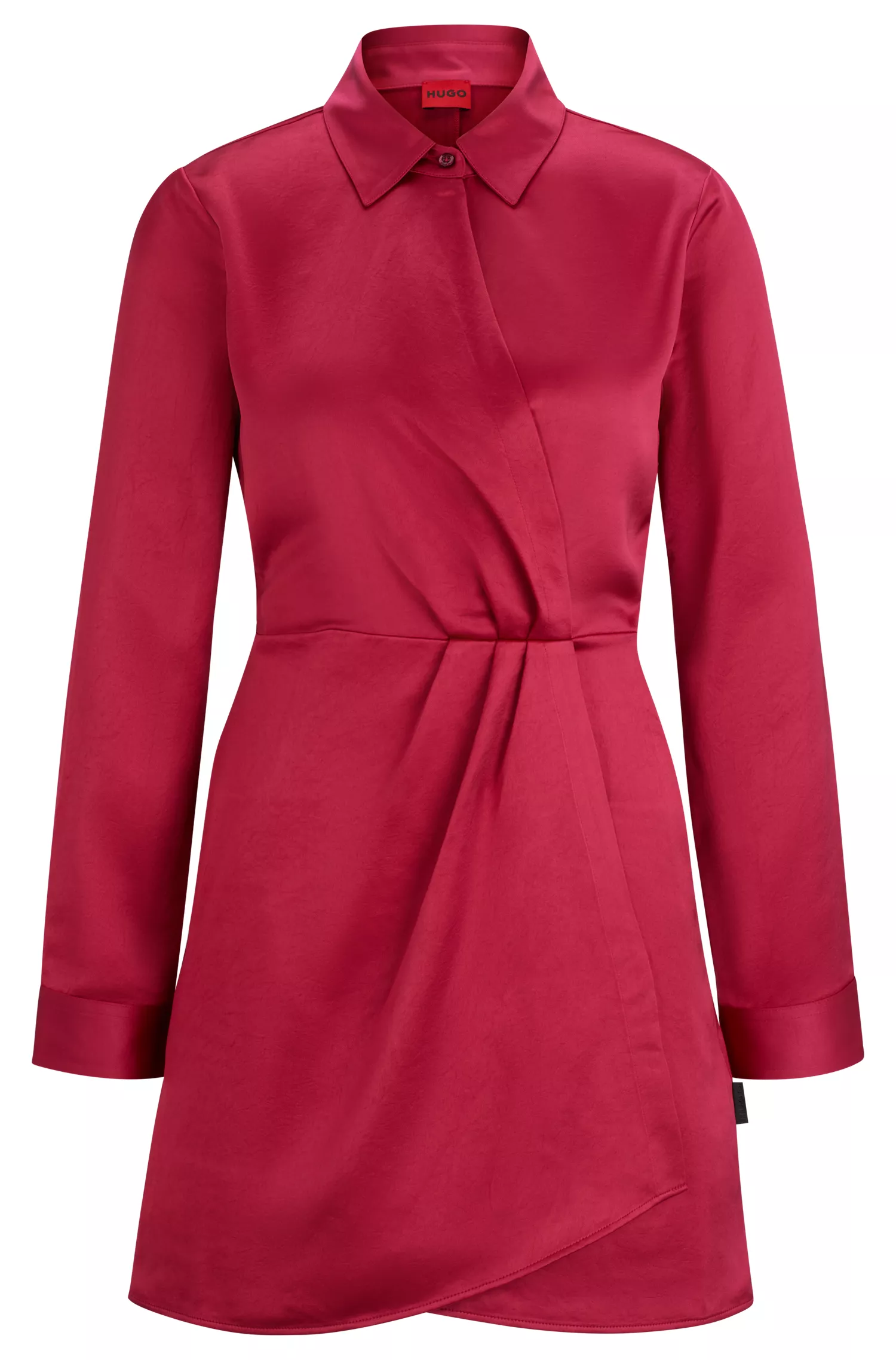 Vestido HUGO vermelho de mangas compridas em cetim com frente transpassada.