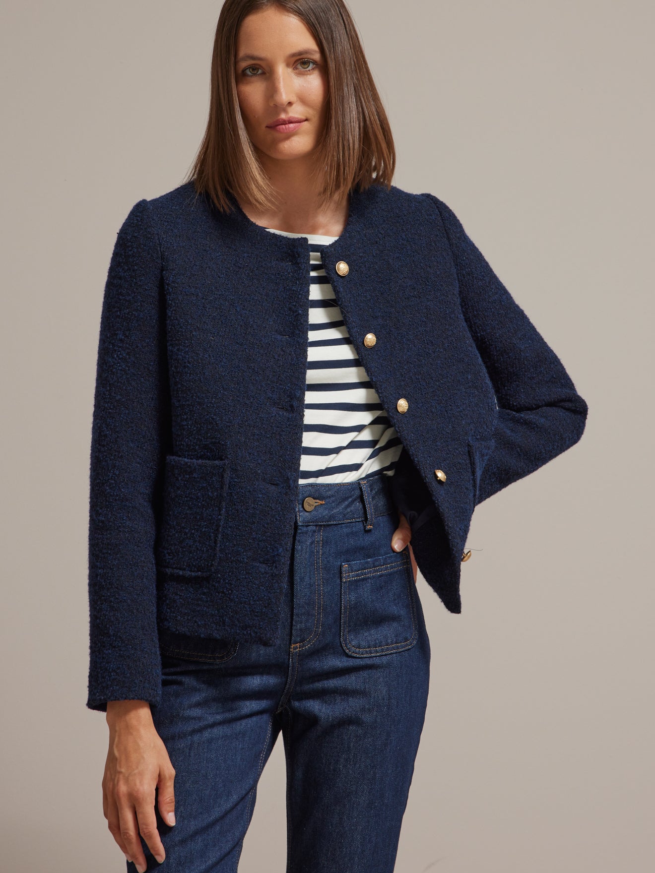 Veste sans col lainage bouclette femme
