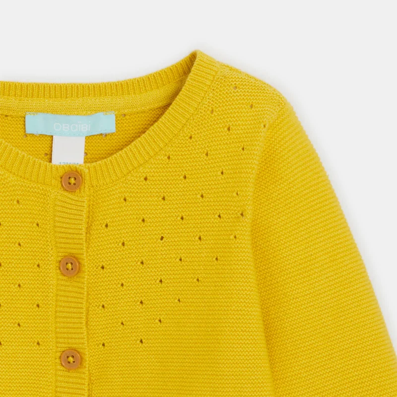 Gilet maille tricot effet pointelle jaune bébé fille Jaune