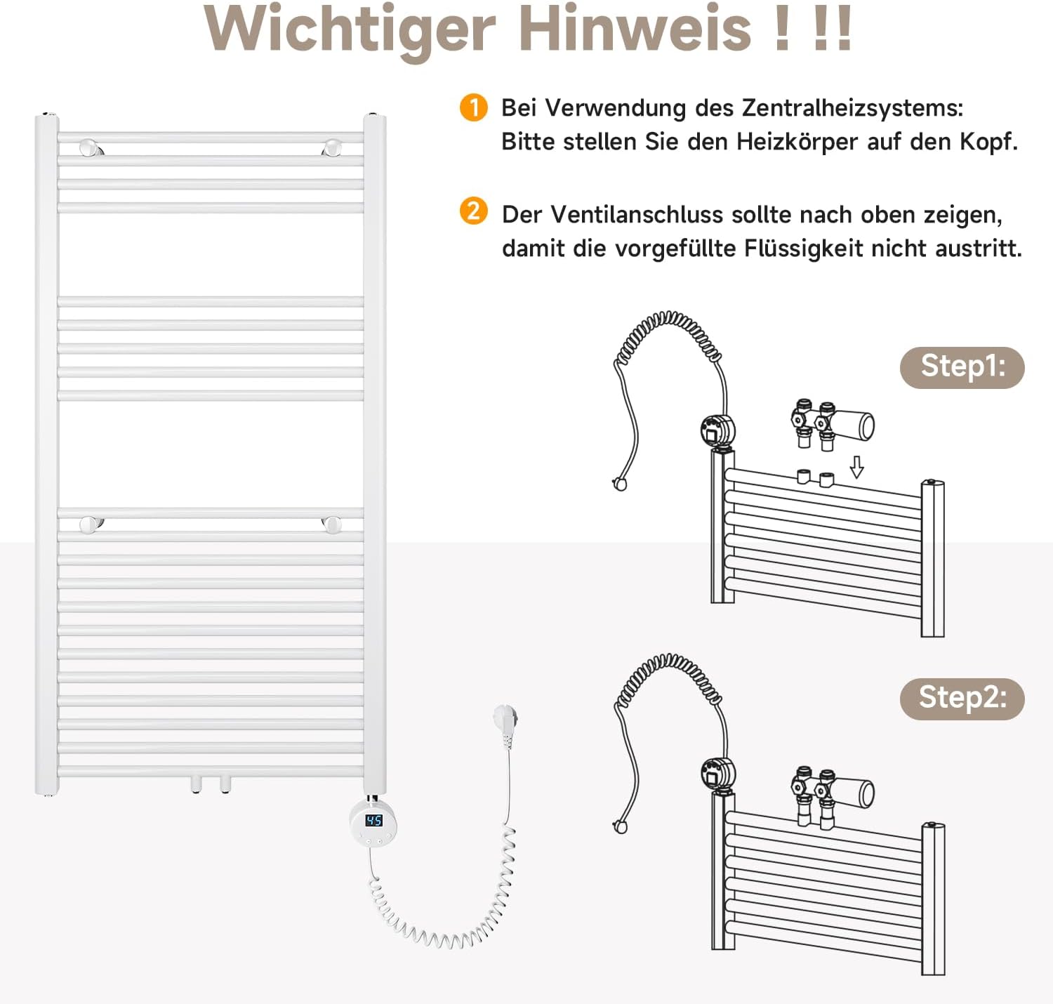 Badheizkörper Elektrisch Weiß 1150x600 mm Handtuchheizkörper Elektrisch mit Mini-Thermostat Auswählbar Panel Handtuchhalter Wasser Mittelanschluss 600 Watt